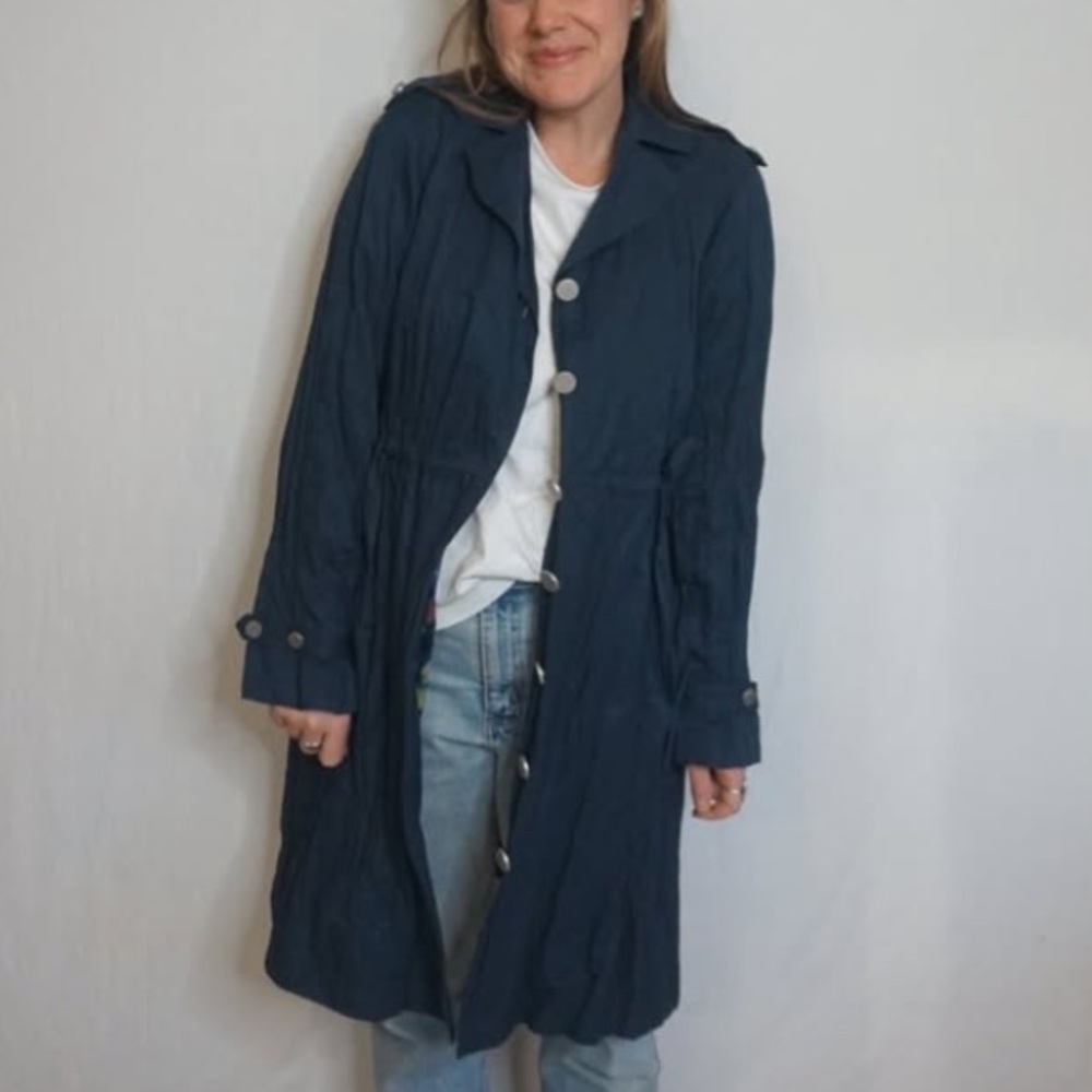 rachel roy navy blue trench coat floral lined with ruched sides size large